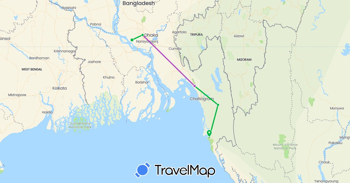 TravelMap itinerary: driving, bus, train in Bangladesh (Asia)